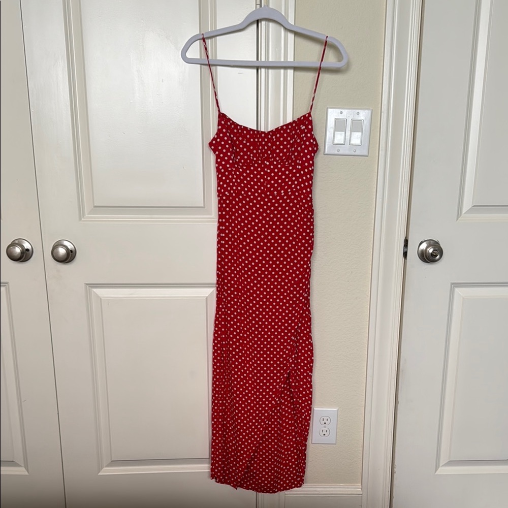 Zara Red Polka Dot Midi Strap Dress with Open Back XS